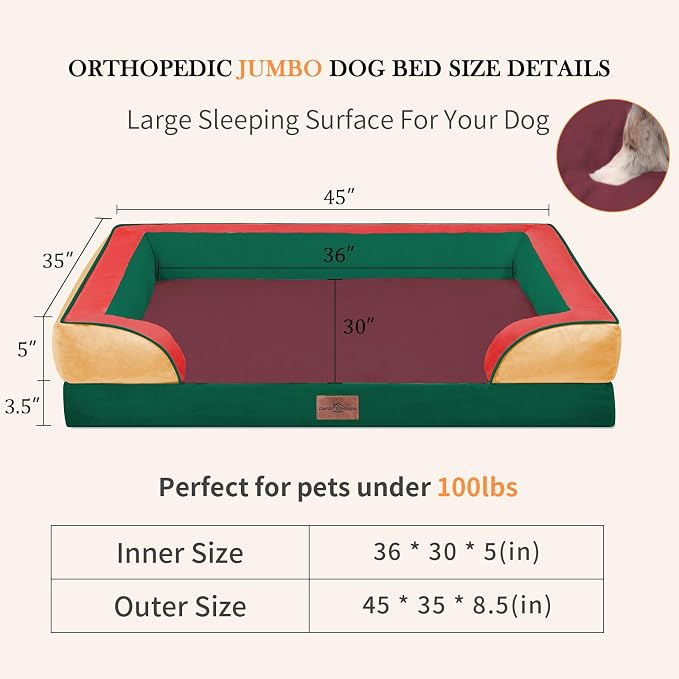 Comfort Expression Orthopedic Dog Bed for Extra Large Dogs 45x35 Inch, Waterproof Egg Crate Foam XL Pet Bed with Bolsters, Dog Couch with Washable Cover & Non-Slip Bottom, Watermelon Meadow
