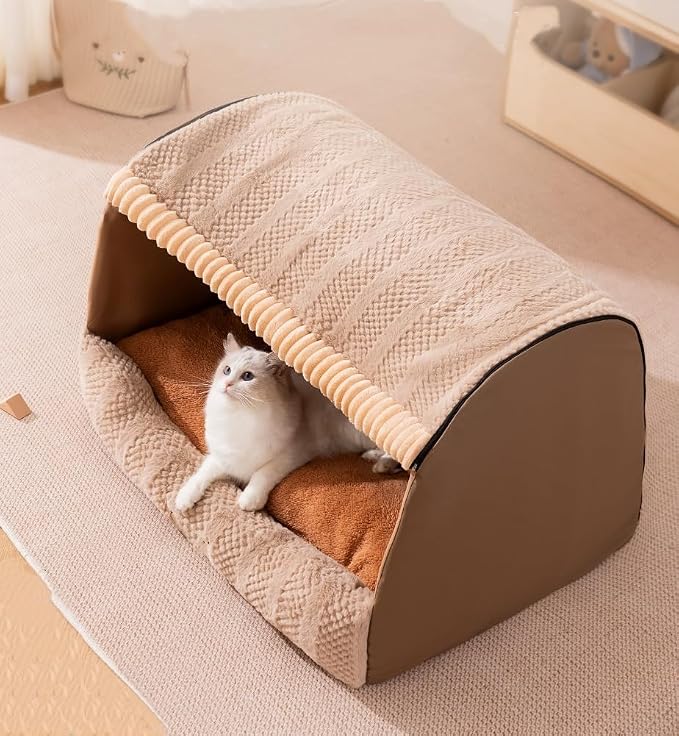 Large Dog House Indoor, Foldable Pet House Bed with Removable Plush Cushion, Warm Covered Dog Cave Nest Bed for Small Medium Extra Large Dogs (Brown, Medium)