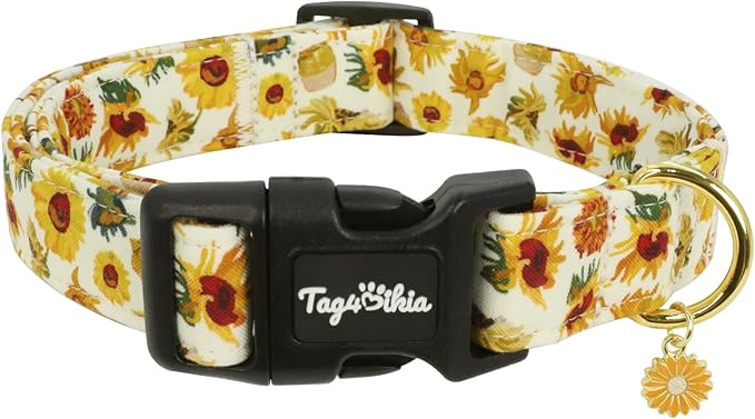 Dog Collar with Sunflower Patterns, Spring Summer Collection Yellow Dog Collar with Exquisite Pendant, Durable Adjustable Collars for Gifts & Daily Use-S