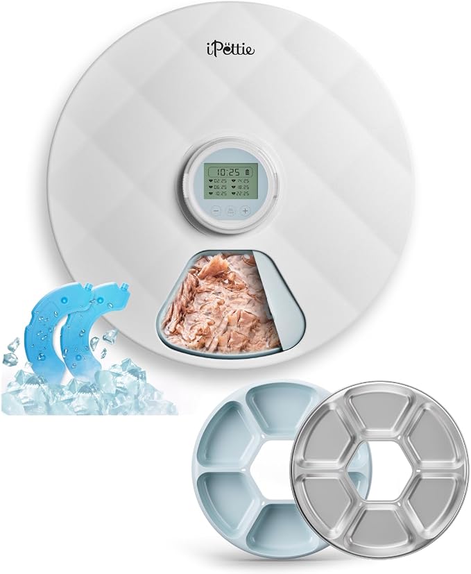 iPettie Brioche Automatic Wet Food Feeder for Pets with Two Ice Packs, Perfect for Newborn Senior Sick Cats and Small Dogs, Stainless Steel and PlasticTray