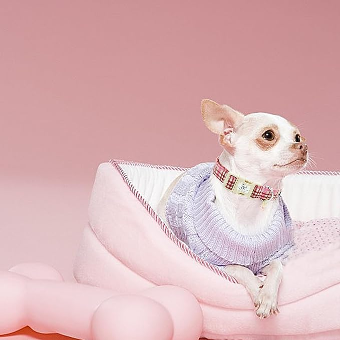 Elegant little tail Dog Collar-Cute Dog Pet Collars Pink Plaid Print Puppy Adjustable Soft Cotton Girl Boy Collars for Small Medium Large Dogs, Medium