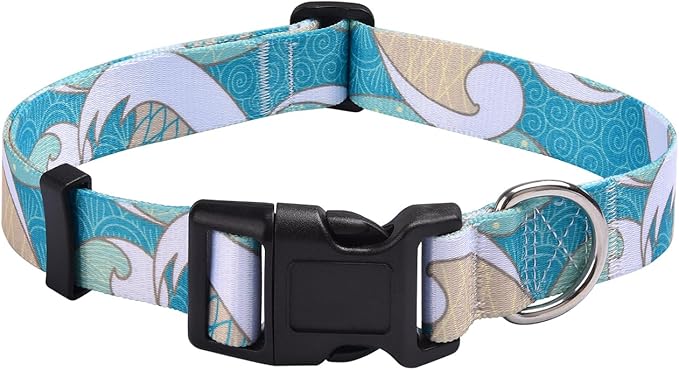 Mihqy Dog Collar with Bohemia Floral Tribal Geometric Patterns - Soft Ethnic Style Collar Adjustable for Small Medium Large Dogs(Sea Wave,L)