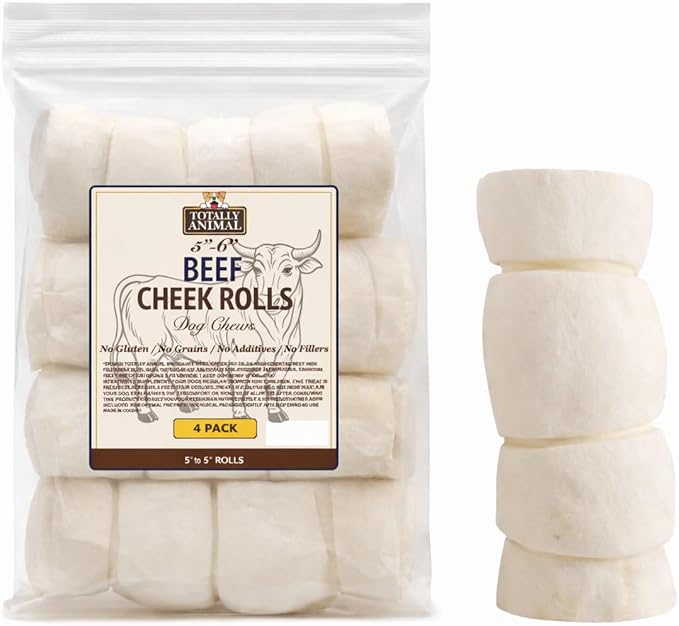 Beef Cheek Rolls for Dogs - Natural & Odor-Free Dog Treats - 5 to 6 Inch Medium Beef Hide Dog Chews - 4 Pack