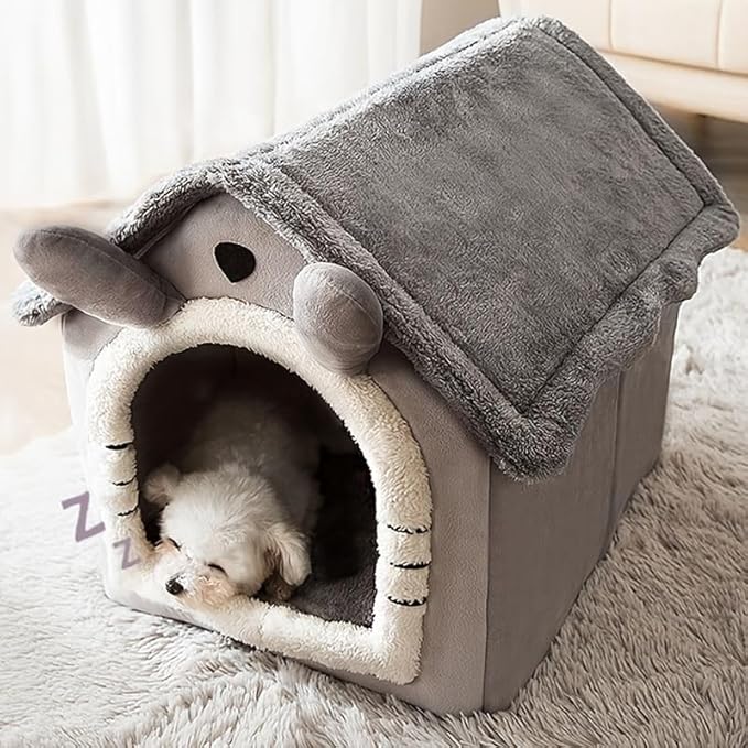 Cozy Pet House, Indoor Plush Dog Cat Bed, Gray and White, Detachable Washable Winter Cave with Soft Polyester, Small Medium Large Sizes