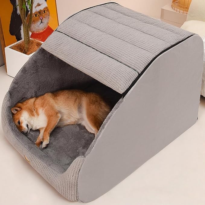 Large Dog House Indoor, Soft Plush Dog Cave Bed Covered Dogs Bed with Fluffy Washable Cushion, Portable Dog/Cat Pet Tent House for Small Medium Dogs (Grey, Large)