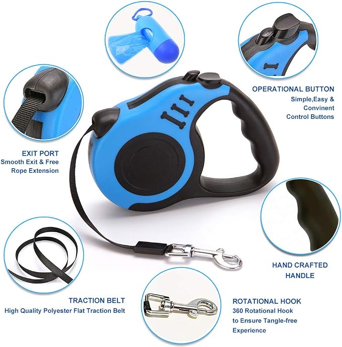 Retractable Dog Leash for Medium - Small Dogs and Cats 16.5FT Tangle Free, Heavy Duty Walking Leashes with Anti Slip Handle, Pause and Lock Strong Nylon Tape, Store Dog Leash Retractable(Blue)