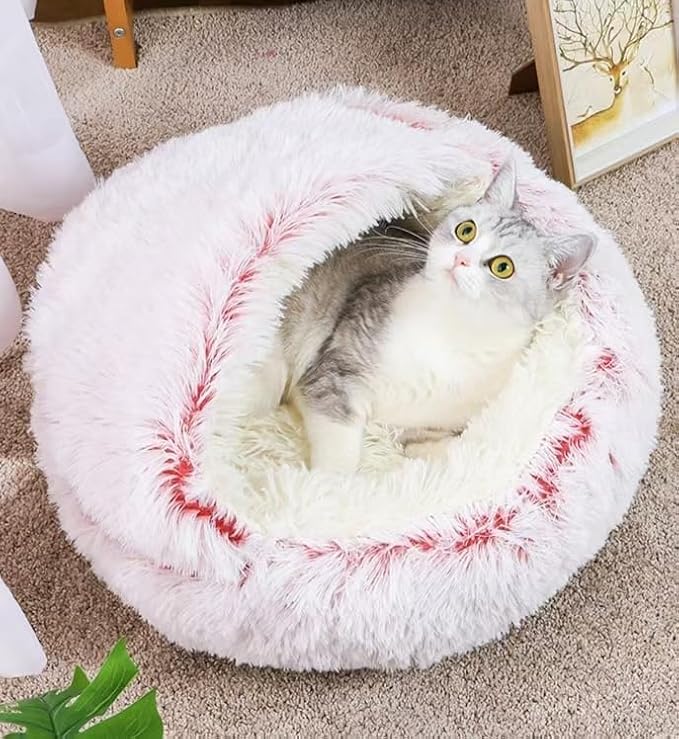 Cat Bed Round Fluffy Hooded Cat Bed Cave, Anti-Anxiety Cave Bed with Hooded Blanket, Cozy Cuddler Luxury Puppy Pet Bed, Anti-Slip Bottom and Machine Washable (Pink, Medium)