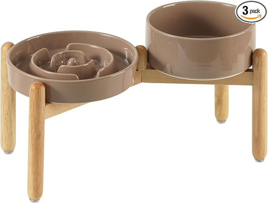 Havniva 8.2” Raised Slow Feeder Dog Bowls Set, 1.6 Cups Ceramic Slow Feeder Dog Bowl and 7.3” Dog Water Bowl with Elevated Wooden Stand Puzzle Dog Food Bowl for Medium Dogs Anti-Gulping & Anti-Choking