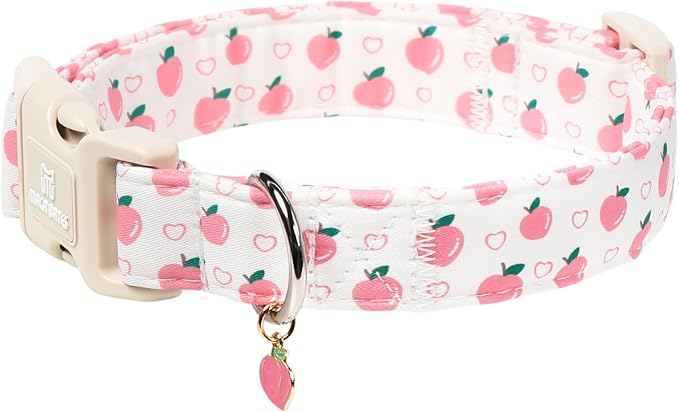 Maca Bates Basic Dog Collar with Peach Charm for Extra Small Girl Boy Dogs,Pink Cute Peaches Hearts Pattern,Pretty Adjustable Durable Collars,Gift for Male Female Puppy