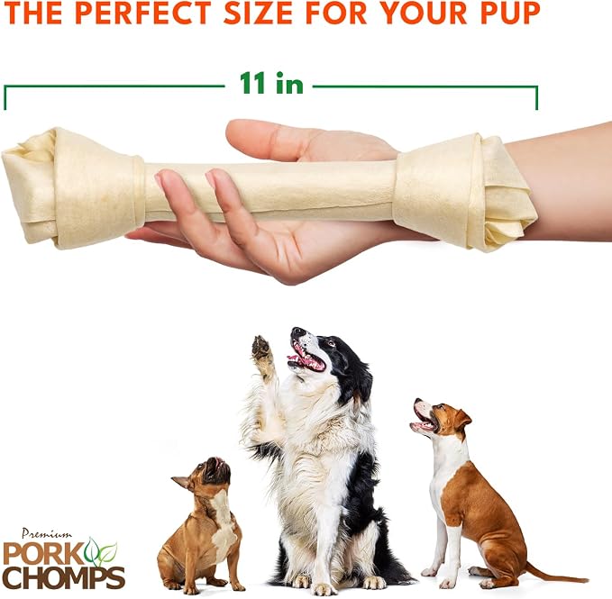 Pork Chomps Baked Pork Skin Dog Chews, 11 Inch Knots, 4 Count, 1 Pack - Long-Lasting Treats for Dogs - High Protein, Rawhide-Free, Low Fat, Healthy & Delicious Chews