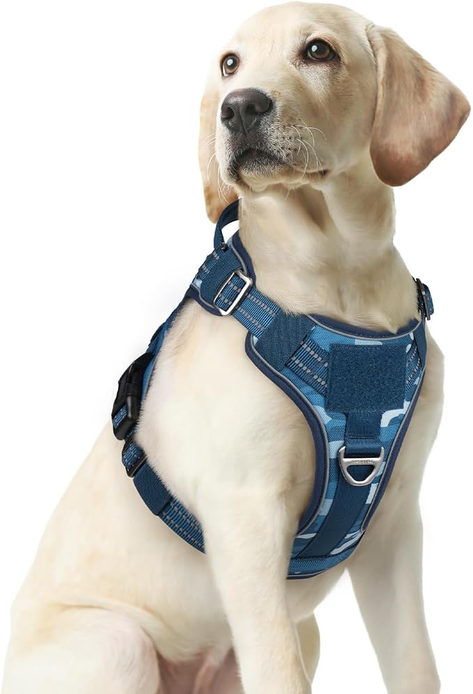 rabbitgoo Dog Harness Medium Sized No Pull, Tactical Service Pet Vest with Molle and Control Handle, Adjustable and Reflective Military Harness for Easy Walking and Training, Blue Camo, M