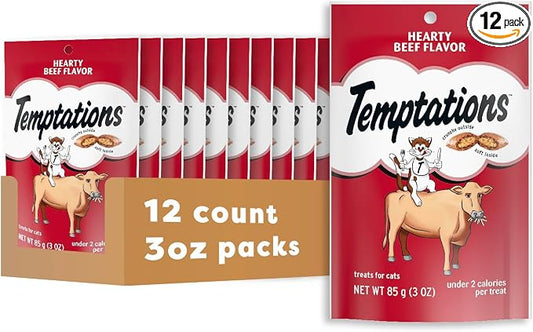 Temptations Classic Soft Cat Treats, Hearty Beef Flavor, Crunchy Cat Treats, 3 oz. Pouch (Pack of 12)
