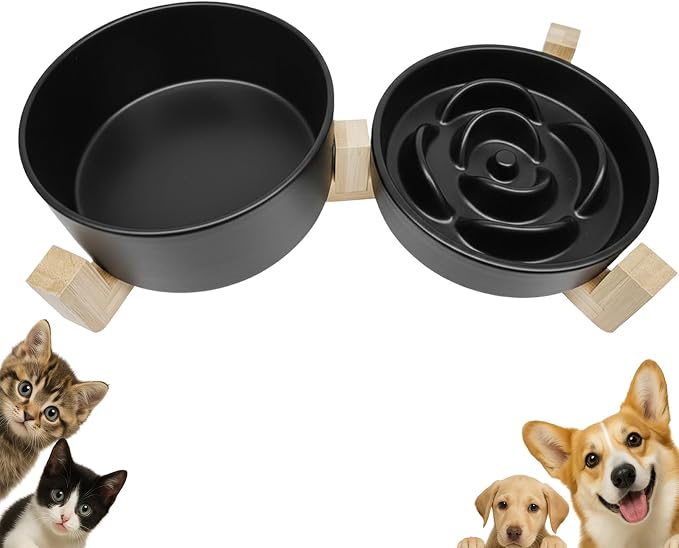 Ceramic Slow Feeder Dog Bowl Set-0.8 Cup Puzzle Dog Food Bowl（≈180g Food） for Fast Eater & 850ML Dog Water Bowl with Wooden Stand for Small Dogs and Cats,Anti-Slip,Black