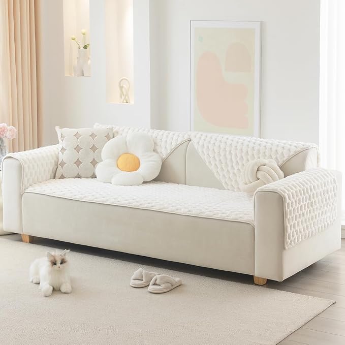 Awjcsv Couch Cover for Dogs Washable, Waterproof Couch Covers for 3 Cushion Couch Sofa Pet Friendly, Soft and Anti Slip (White, 1pc/28"x 59")