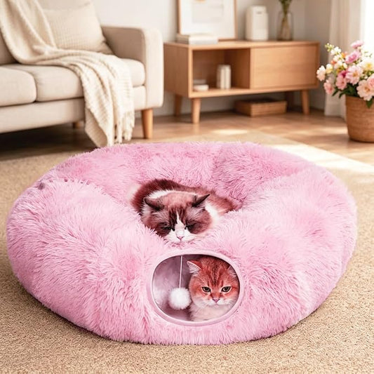 Cat Bed Tunnel Tube Toy Pink Plush Round, Collapsible Pet Tunnels for Indoor Cats, Interactive Toys Play Tubes with Hanging Ball for Kitty, Puppy, Rabbit for Fun Playtime & Exercise
