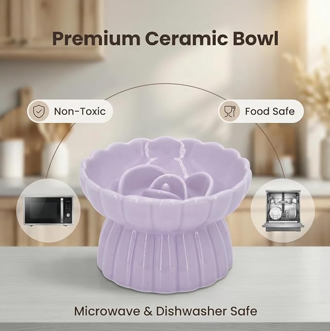 Ceramic Cat Slow Feeder, Raised Slow Feeder Cat Bowl, Anti Vomiting and Whisker Friendly Kitty Dish, Elevated Puppy Kitten Food Bowl for Dry and Wet Food (Purple)