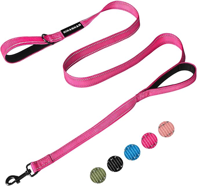Reflective Dog Leash with Double Handle, Dog Leash 4 FT Long, Supports Medium and Large Dogs, Heavy Duty for Walking, Running, and Training, Rose Red
