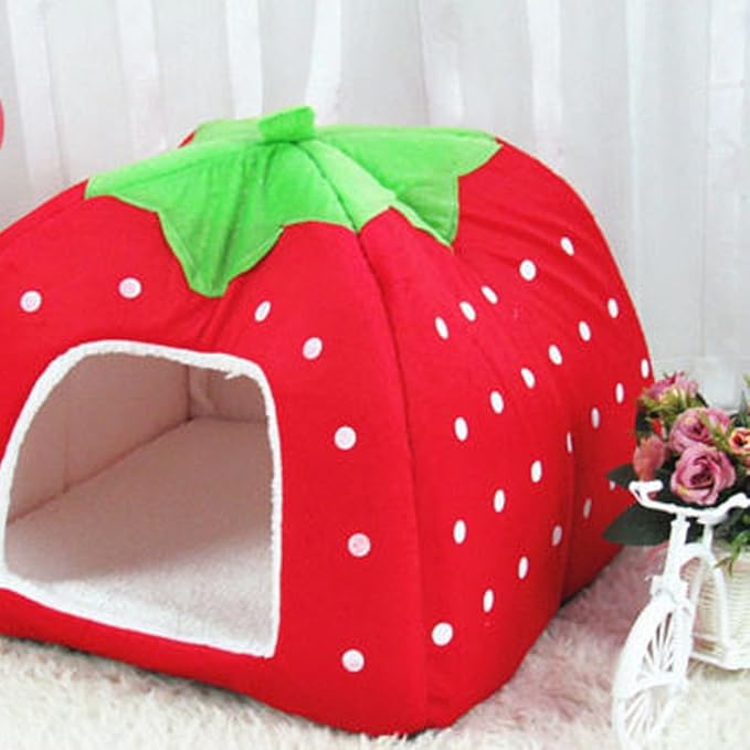 Strawberry Plush Pets House Washable Pets Cave Sofa Half-Closed Fluffy Dogs Room Soft Puppy House for Winter Indoor