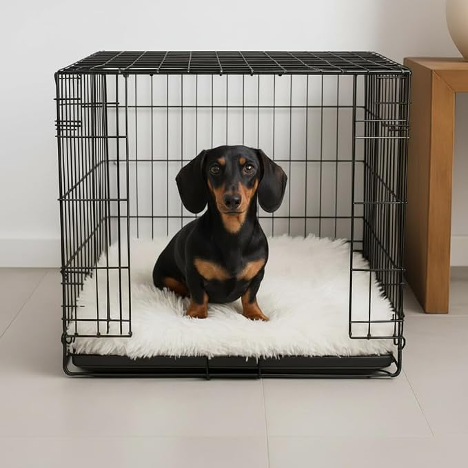 IHAPPYDOG Faux Fur Orthopedic Dog Bed, Memory Foam Rectangular Crate Bed for Large XL Dogs, Plush Furry Bed that Looks Like a Rug, Calming Bed for Senior Dogs, Washable Cover - White, Small 23"x18"
