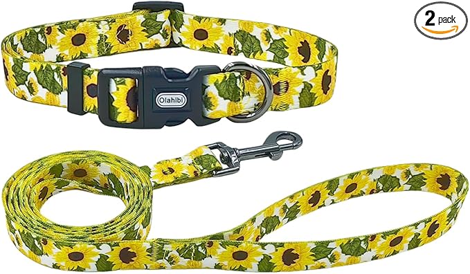 Dog Collar Leash Set, Floral Pattern, 5ft Matching Leash, Polyester Material, 4 for Small Medium Large Dogs.(S, Sunflower)