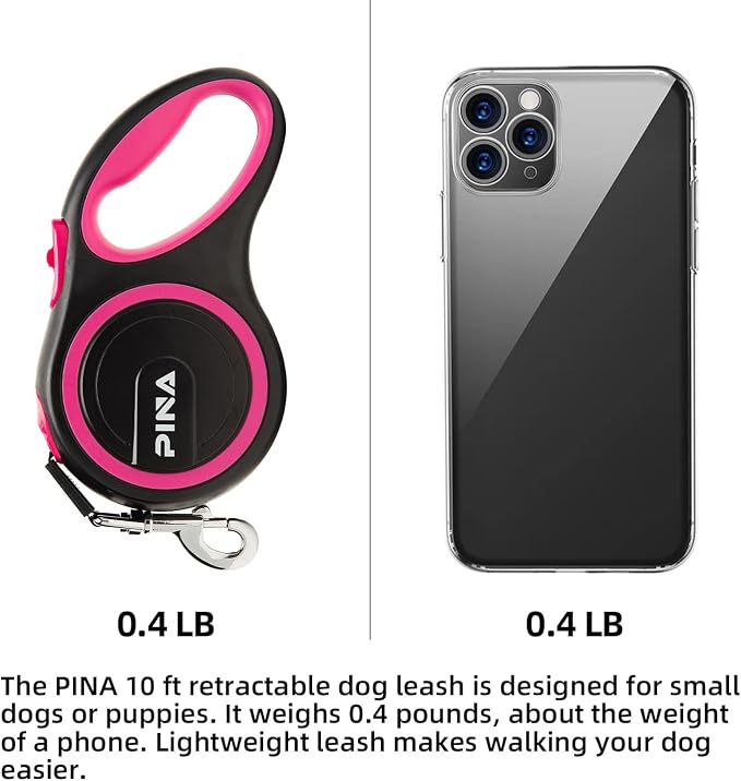 PINA Retractable Dog Leash, 10ft Dog Leash for Small Dogs Up to 33lbs, 360° Tangle-Free Strong Reflective Nylon Tape, with Anti-Slip Handle, One-Handed Brake, Lock - Black Pink