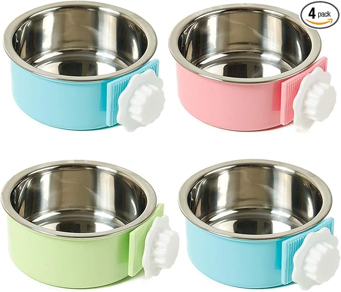 kathson Crate Dog Bowl, Removable Stainless Steel Hanging Pet Cage Bowl Food & Water Feeder Coop Cup for Cat, Puppy, Birds, Rats, Guinea Pigs 4pcs(2×Blue,1×Pink,1×Green)