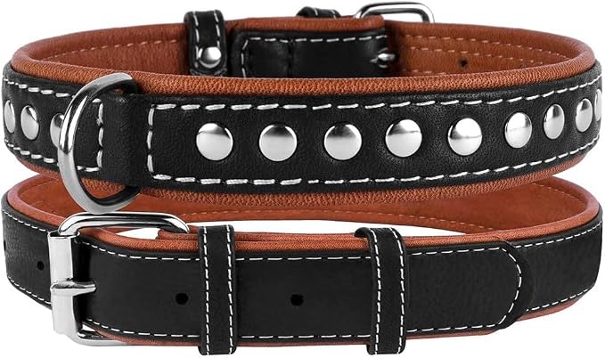 CollarDirect Studded Dog Collar Leather Pet Collars for Dogs Small Medium Large Puppy Soft Padded Brown Black (Black, Neck fit 20" - 22")