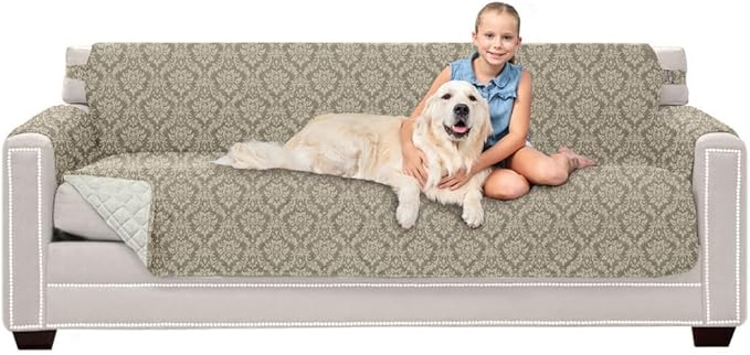 Sofa Shield® Couch Slip Covers for Dogs, Reversible Furniture Protector with Strap, Stain and Tear Resistant Cushion Cover, 78 inch Seat, Machine Washable Slipcover Pets, Cats, Damask Latte Ivory