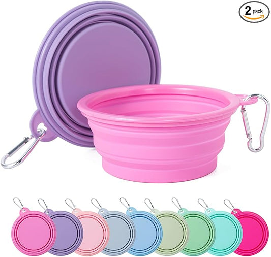 SLSON Collapsible Dog Bowl, 2Pack Macaron Color Pet Travel Bowls Silicone Foldable Water Feeder Dish for Small to Large Dogs Cat Walking Hiking Camping (Macaron Rose and Violet, Small)