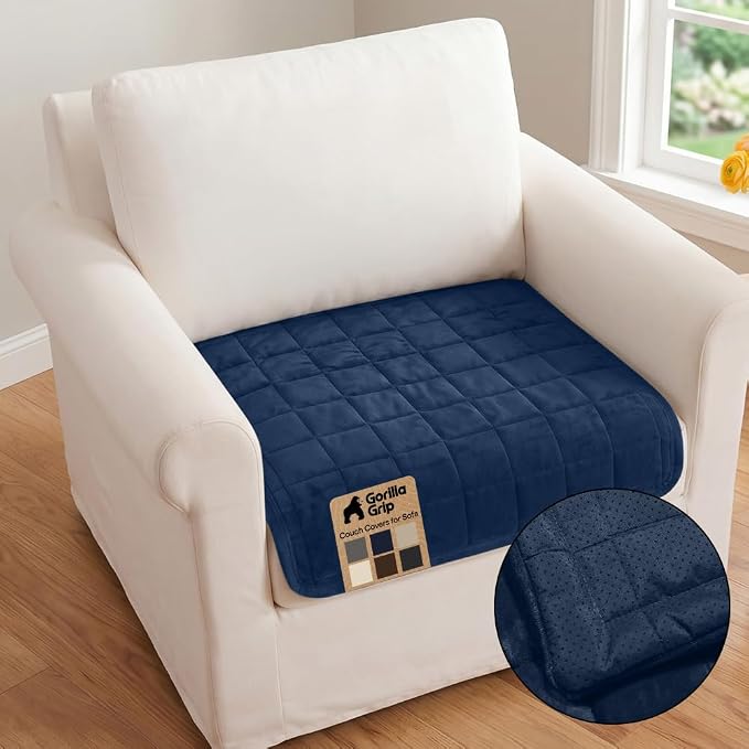 GORILLA GRIP Slip and Leak Resistant Plush Quilted Large Chair Cushion Cover Blanket, Soft Couch Covers for Sofa Dogs, Machine Washable Furniture Protector Pet Friendly Couches, Navy, 48x28 Inches