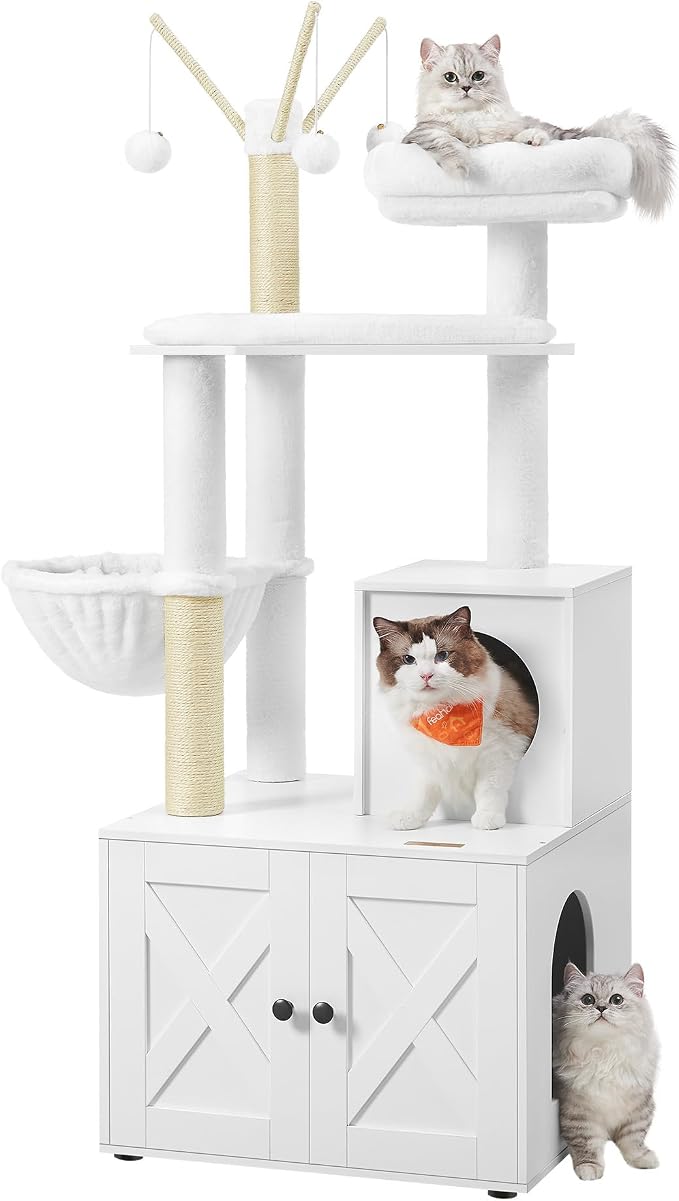 Feandrea Cat Tree with Litter Box Enclosure, 59-Inch Modern Cat Tower, 2-in-1 Condo with Scratching Posts, Washable Removable Cushion, Cloud White UPCT113W01