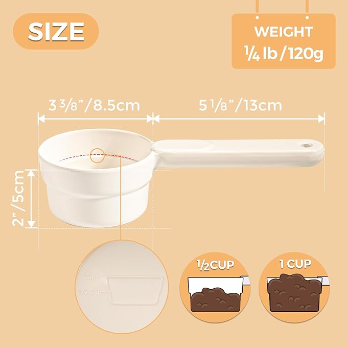 ComSaf MSBC Melamine Pet Food Scoop, Cat Food Measuring Cups, Comfortable Long Handle Scoop for Dog, Cat, Ferret and Rabbit Food, 1 Cup Size Pet Food Feeding Scoop Dishwasher Safe (White