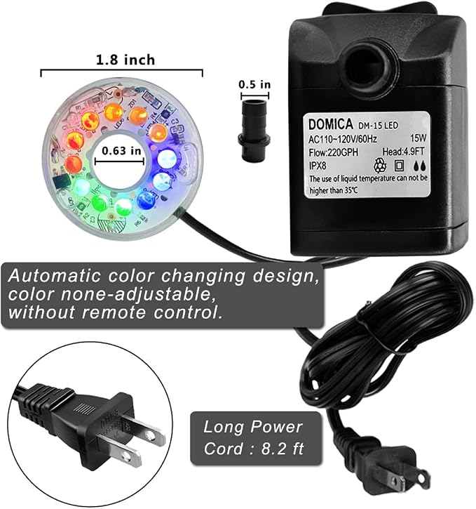 DOMICA 15W 220 GPH Submersible Fountain Pump with LED Light (800L/H), Ultra Quiet Adjustable Water Pump for Water Feature, Hydroponics, Garden, Pond, Aquariums, Fish Tanks, Indoor Outdoor Fountain