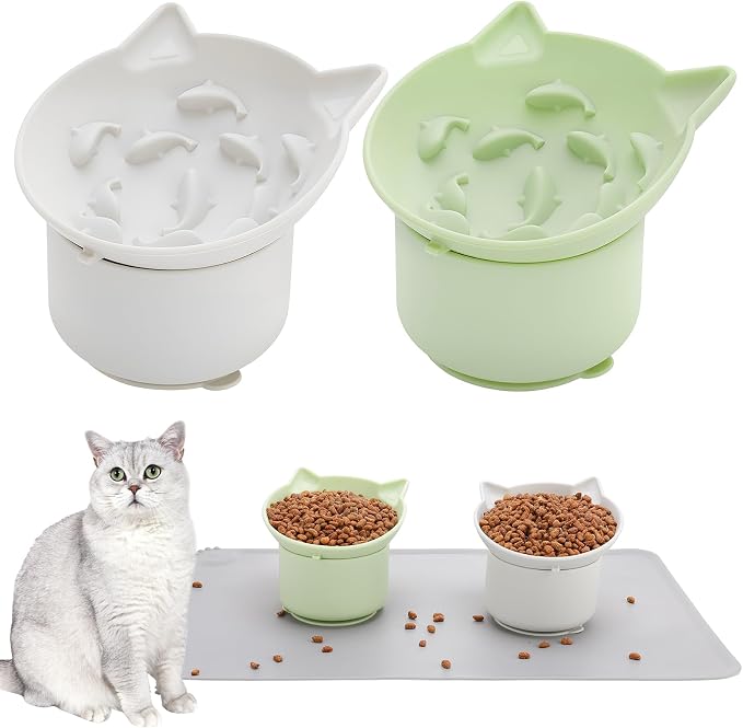2 Pack Slow Feeder Cat Bowls Silicone Tilted Raised Pet Bowl with Non Slip Base for Digestion Anti Vomit, Gray, Green