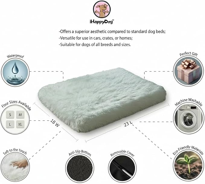 IHAPPYDOG Faux Fur Orthopedic Dog Bed, Memory Foam Rectangular Crate Bed for Large XL Dogs, Plush Furry Bed that Looks Like a Rug, Calming Bed for Senior Dogs, Washable Cover - White, Small 23"x18"