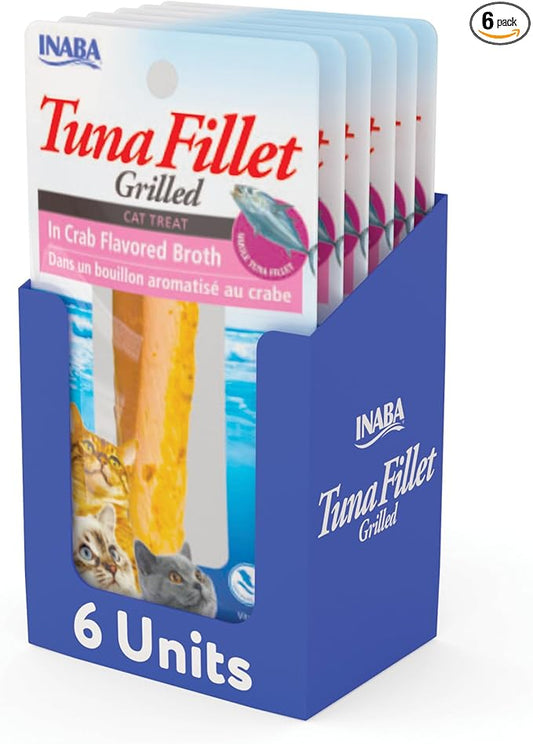 INABA Premium Hand-Cut Grilled Tuna Fillet Cat Treats/Topper with Vitamin E and Green Tea Extract, 0.52oz. Each, Pack of 6, Crab Broth