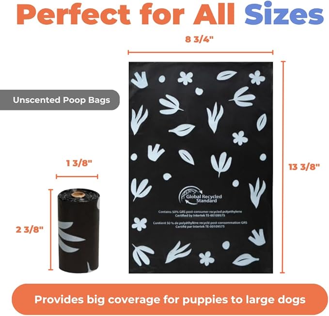 Best Pet Supplies Dog Poop Bags for Waste Refuse Cleanup, Doggy Roll Replacements for Outdoor Puppy Walking and Travel, Leak Proof and Tear Resistant, Thick Plastic - Black (Unscented), 300 Bags
