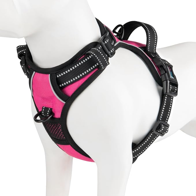 PHOEPET Reflective Dog Harness No Pull Large Breed Vest with 2 Metal Leash Attachment Hooks(XL, Pink)