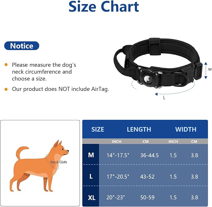 2026 New and Improved AirTag Dog Collar, Military Tactical Dog Collar with Integrated AirTag Holder-Adjustable Control Handle, Durable Metal Buckle,Comfortable GPS Dog Collars (Black, L (17"-20.5"))