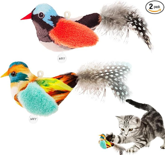 Catnip Cat Toys Satisfy Cat's Natural Hunting Instintion for Indoors Cats Feather Toys Interactive with Lifelike Chirp Sound Chirping Bird Kitten Toy (2 Pack)