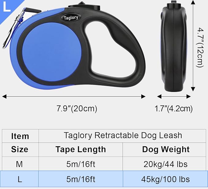 Taglory Retractable Dog Leash, 16ft No Tangle Leash Retractable for Medium and Large Dogs Up to 100 lbs, One-Handed Brake, Pause, Lock, Blue