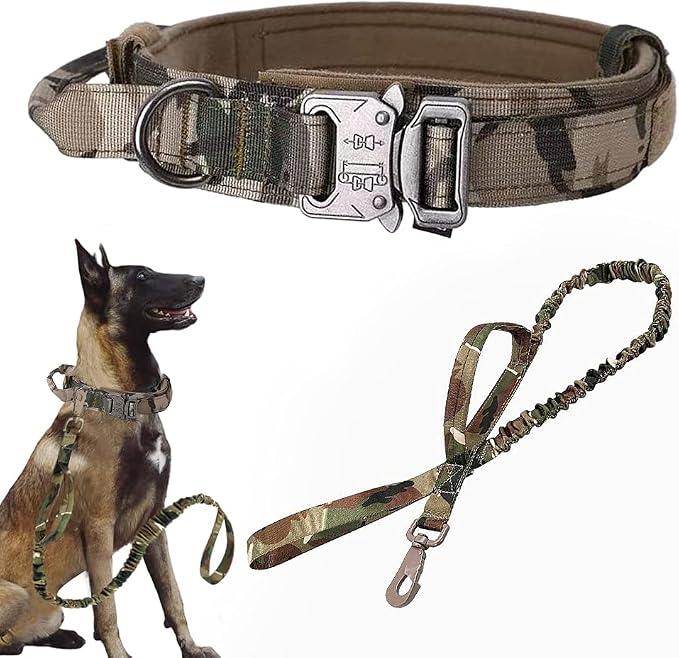 Tactical Dog Collar and Leash Set Adjustable Military Nylon Dog Collar with Control Handle and Heavy Duty Metal Buckle for Large Dogs（Camo L
