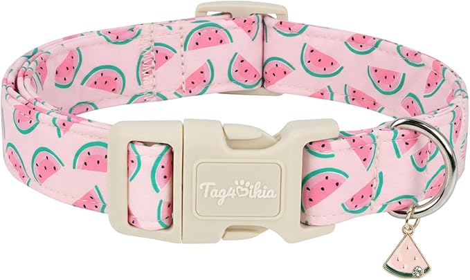 Summer Dog Collar, Cute Pink Dog Collar with Watermelon Pattern, Cotton Adjustable Pet Collars for Small Medium Large Dogs, Gift for Boys Girls Dogs-S