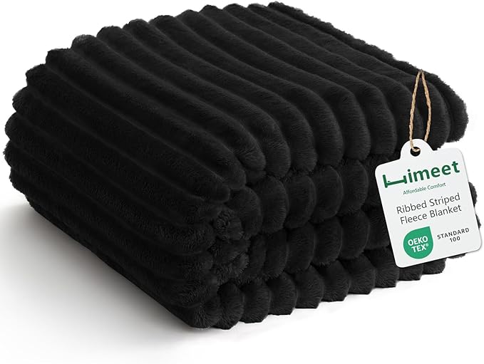 HIMEET Fleece Black Queen Blanket for Bed - 300GSM Ribbed Soft Cozy Bedding Blanket, House Warming Gifts New Home, Luxury Bedroom Decor Throws, 90x90 Inches