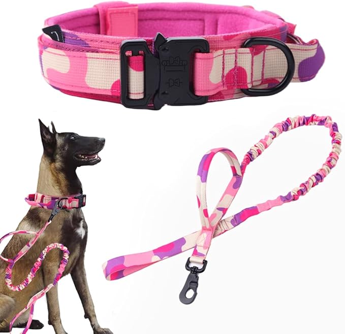 Tactical Dog Collar and Leash Set Adjustable Military Nylon Dog Collar with Control Handle and Heavy Duty Metal Buckle for Large Dogs（Pink Camo XL