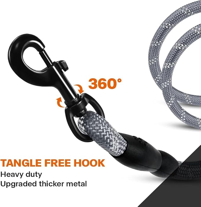 Taglory Rope Dog Leash 6 FT with Comfortable Padded Handle, Highly Reflective Threads Leash and Anti-Tangle Clip for Walking Medium Large Dogs, 1/2 inch, Grey
