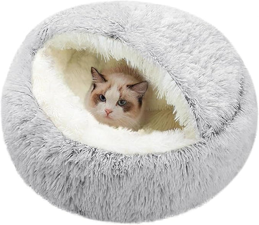 SUOXU Cat Beds for Indoor Cats,Plush Hooded Cat Cave for Puppy Kitty Small Dog Bed,Removable Washable Non-Slip Bottom Self Warming Round Fluffy Faux Fur Super Soft Calming Sleeping Pet Bed(Gray)