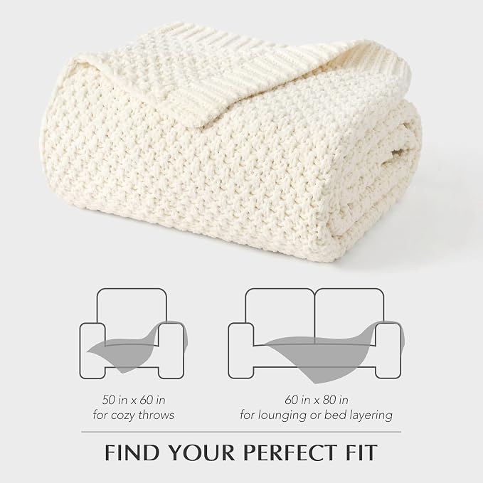 EVERGRACEHOME Chunky Chenille Knit Throw Blanket for Couch, Soft Luxurious Moss Stitch Blankets for Bed, Cozy Decorative Farmhouse Knitted Throws for Sofa, Ivory White, 50" x 60"