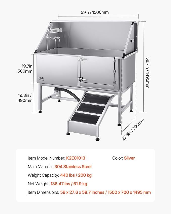 VEVOR Stainless Steel Dog Washing Station, Professional 62 inch Pet Grooming Tub w/Ramp, PE Water Filter Board, Faucet & Showerhead & Soap Holder Bathtub for Large & Medium & Small Pets (Right Door)