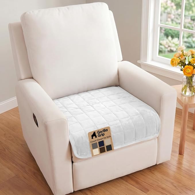 GORILLA GRIP Slip and Leak Resistant Plush Quilted Recliner Cushion Cover Blanket, Soft Couch Covers for Sofa Dogs, Machine Washable Furniture Protector Pet Friendly Couches, White, 28x28 Inches